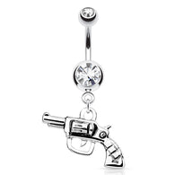 Gun Dangle Clear Gem Top Surgical Steel Navel Belly Button Ring