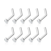 5 Pc Clear 2mm Prong Set CZ Top Surgical Steel L Bend Nose Ring Pack