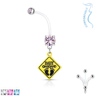 Double CZ Prong Set Baby On Board Sign Pregnancy Bio Flex Barbell Navel Belly Button Ring