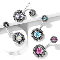 CZ Center Tribal Style 316L Surgical Steel Navel Belly Button Ring