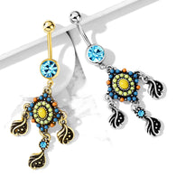 Tribal Beaded Filigree And Crystal Dangle Surgical Steel Navel Belly Button Rings