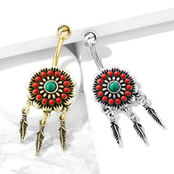 Tribal Flower With Turquoise Center Feather Dangle Surgical Steel Navel Belly Button Rings