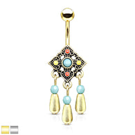 Tribal Flower With Turquoise Stone and Beads Dangle Surgical Steel Navel Belly Button Rings