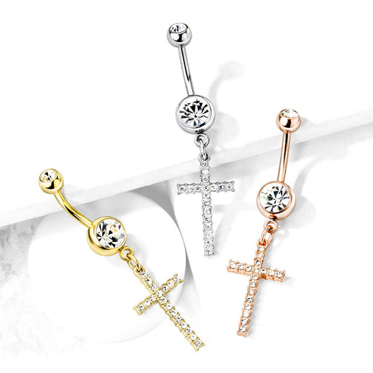 Crystal Paved Cross Dangle Double Jeweled Navel Belly Button Ring ...