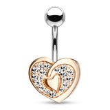 CZ Paved Heart With Heart Center Navel Belly Button Ring