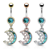 Mother of Pearl Inlay Crescent Moon and CZ Stars Navel Belly Button Ring