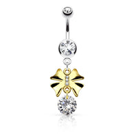 Gold IP Ribbon CZ Dangle Surgical Steel Navel Belly Button Rings