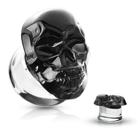 Pair Skull Front Double Flared Pyrex Glass Ear Plugs