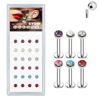 24 Pc Pre Loaded Paved CZ Top Labret Monroe Ear Cartilage Studs