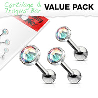 3 Pcs 3mm 4mm 5mm Aurora Borealis  CZ Cartilage Triple Helix Tragus Barbell Studs