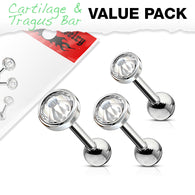 3 Pcs 3mm 4mm 5mm Clear CZ Cartilage Triple Tragus Helix Barbell Studs