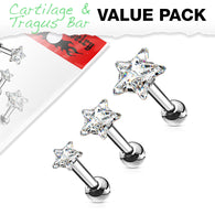 3 Pcs 3mm 4mm 5mm Clear Star CZ Cartilage Triple Helix Tragus Barbell Studs