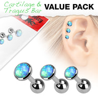 Value Pack 3 Pcs Opal Cartilage Tragus Helix Barbell Studs