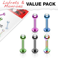 Value Pack 5 Pcs Titanium IP Surgical Steel CZ Lip Labret Monroe Studs