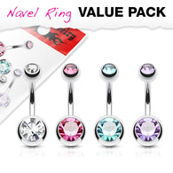 4 Pc Pack Of Assorted Double CZ Navel Belly Button Rings