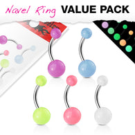 5 Pc Pack Of Assorted Color Glow In Dark Ball Navel Belly Button Rings