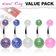 5 Pc Pack Of Ultra Glitter Ball Navel Belly Button Rings