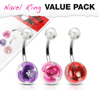 3 Pc Pack Of Titanium Rose Embedded In Clear Ball Navel Belly Button Rings